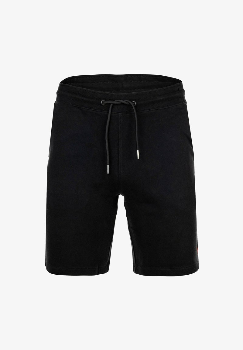 Schwarze legere Shorts mit elastischem Bund und Kordelzug, knielang, schlichtes Design, Vorderansicht vor einfachem weißem Hintergrund.