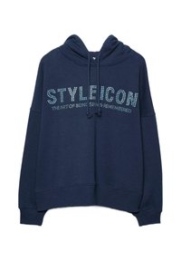 Teget plava majica s kapuljačom s prednjim grafičkim prikazom teksta "STYLEICON" u obliku cirkona. Ima kapuljaču s vezicama i rebraste manžete.
