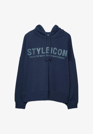 Felpa con cappuccio blu navy con grafica frontale del testo "STYLEICON" in strass. Presenta un cappuccio con coulisse e polsini a costine.