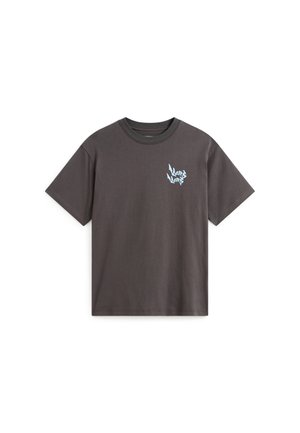 Dunkelgraues Baumwoll-T-Shirt mit Rundhalsausschnitt, kurzen Ärmeln und einem blauen Grafikdesign auf der linken Brustseite.