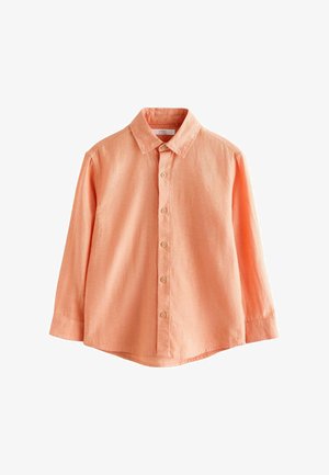 Chemise orange clair à manches longues avec col, dotée de six boutons sur le devant et d'un ourlet légèrement arrondi.