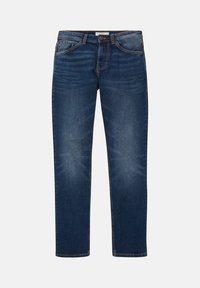 Jeans de mezclilla azul oscuro con un leve desvanecimiento en los muslos, cierre de botón y cremallera, y diseño de cinco bolsillos, dispuestos planos sobre un fondo blanco.