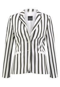 Sako na míru s vertikálními černobílými pruhy, dvouknoflíkové zapínání, špičaté klopy a dvě přední kapsy. Hladká textura látky.
