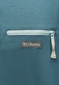 Πλεκτό ύφασμα τυρκουάζ με οριζόντια λευκή φερμουάρ πάνω από μια σκοτεινή ετικέτα που γράφει «Columbia» και μπεζ τράβηγμα φερμουάρ.