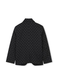 Blazer noir avec un motif gris subtil en répétition. Comprend un col, des manches longues et un ourlet arrondi. Tissu texturé avec une finition lisse.