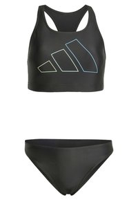 Completo da bagno nero composto da un top corto con schiena a corsetto e un logo Adidas multicolore, abbinato a un bikini, realizzato in materiale morbido ed elasticizzato.