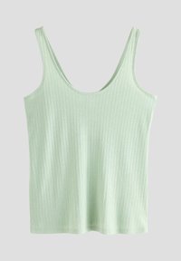 Débardeur côtelé vert clair avec un col rond dégagé, des bretelles fines et une coupe ajustée. Texture lisse et design à dos décolleté.