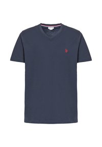 T-shirt in cotone blu navale con scollo a V, maniche corte e logo ricamato rosso sul petto sinistro. Tessuto morbido, vestibilità casual.
