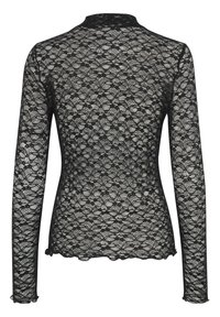 Černý krajkový top s dlouhými rukávy, zdobený květinovým vzorem, vlnitým lemem a vysokým výstřihem. Textura je průhledná s jemnými detaily.
