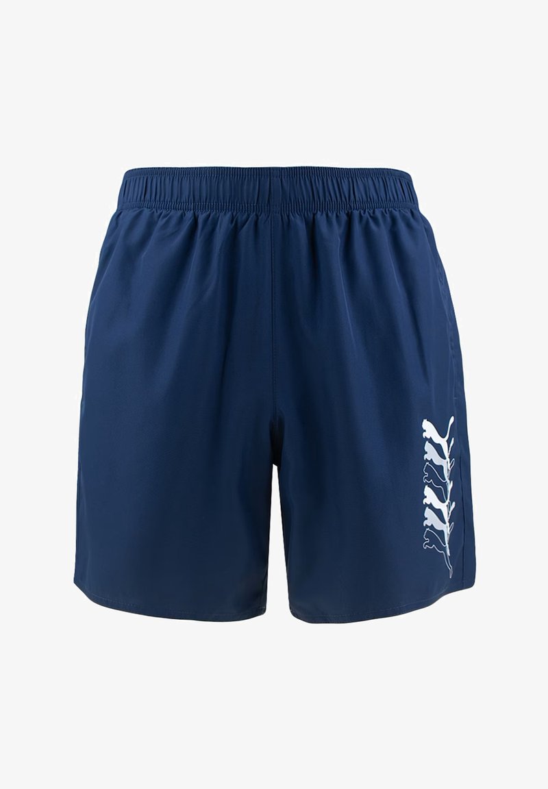 Marineblaue Schwimmshorts mit einem elastischen Bund und seitlichen Schlitzen. Verziert mit einem kontrastierenden weißen Grafikmuster entlang der Seite.