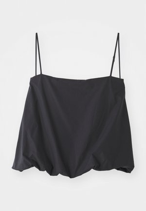 Top nero senza maniche con spalline sottili, vestibilità ampia e orlo arricciato. Realizzato in tessuto leggero con una texture liscia.