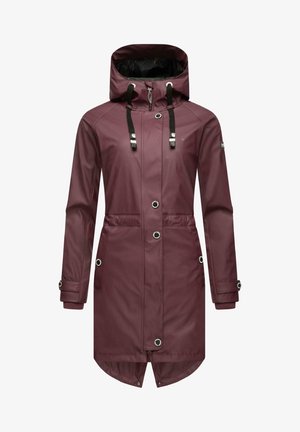 Burgundy waterproof jacket with a hood, adjustable drawstrings, front buttons, and side pockets, featuring long sleeves and a tapered hem.