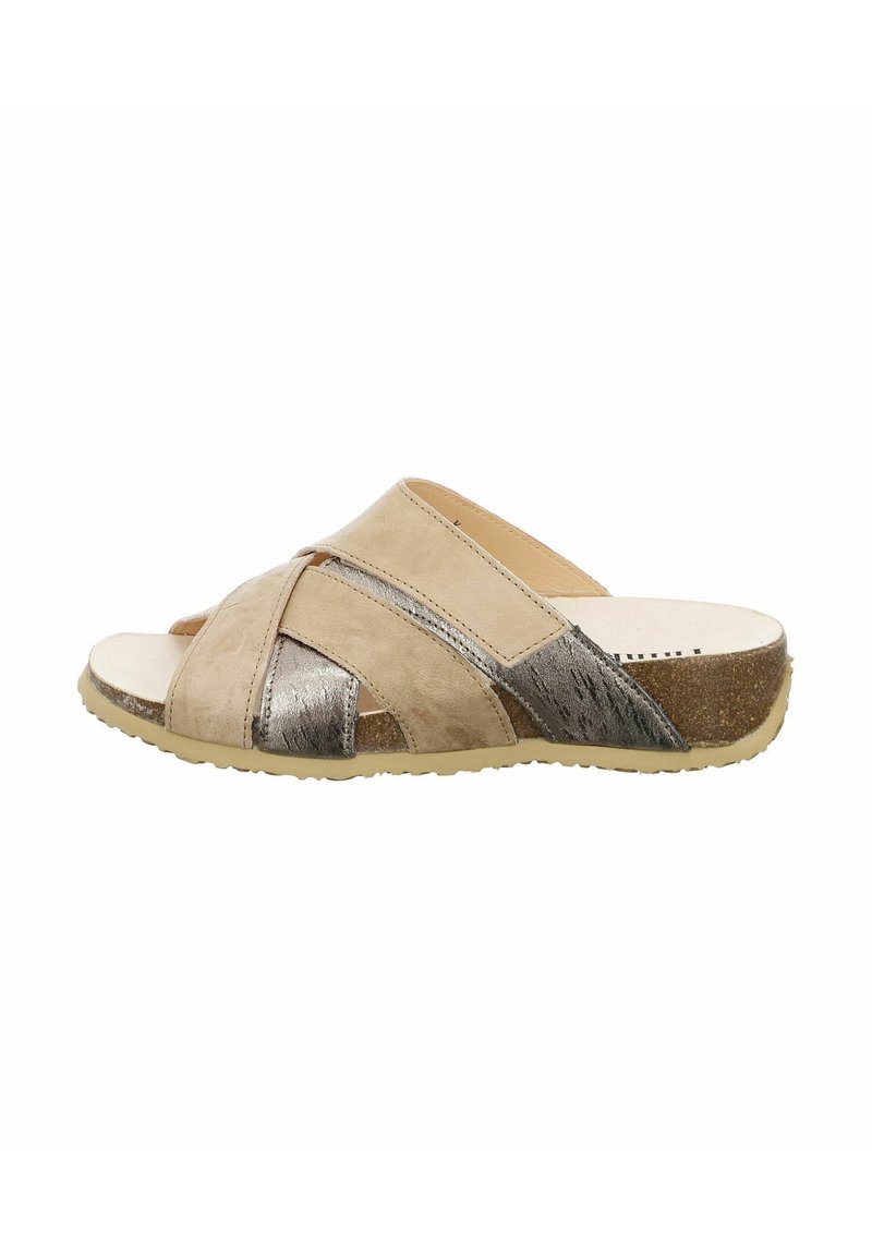 Beige and metallic silver slide sandal with cross-over design, open toe, and textured insole. Rubber outsole for traction and support.