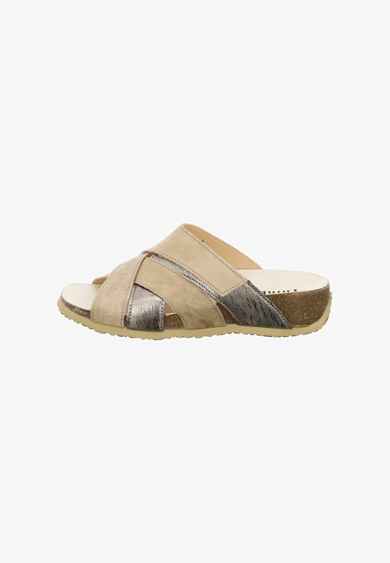 Beige and metallic silver slide sandal with cross-over design, open toe, and textured insole. Rubber outsole for traction and support.