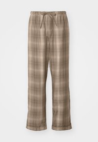Beige checkered pants with an elastic waistband, drawstring, and loose fit. The pattern features small and medium squares for texture.