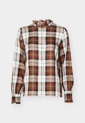 Camicia button-up a quadri nei toni marrone, crema e blu navy con colletto arricciato e maniche lunghe, dotata di dettagli con bottoni e una vestibilità rilassata.