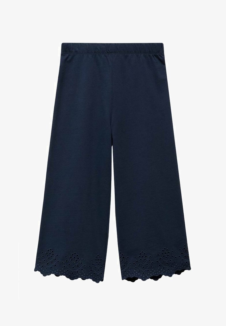 Pantalon large bleu marine avec taille élastique et bordure en dentelle florale à œillets à l'ourlet.