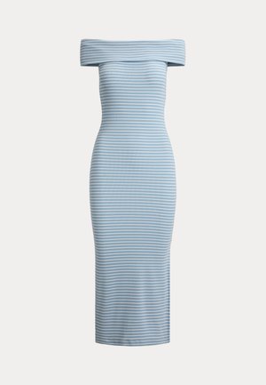 Φόρεμα bodycon σε ανοιχτό γαλάζιο χρώμα με οριζόντιες λευκές ρίγες, μήκους μέχρι το γόνατο, με λεπτομέρεια διπλωμένης λαιμόκοψης.