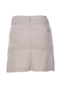 Beige cotton skirt with a straight cut, two back pockets, and navy anchor embroidery. Smooth texture with a simple design.