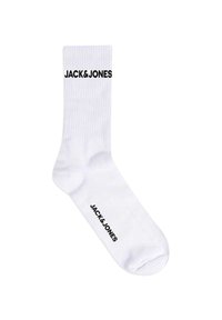 Weißer Baumwollsocken mit gerippter Struktur, auf der Oberseite und im Fußbereich mit "JACK & JONES" in Schwarz bedruckt.