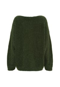 Grön, fluffig stickad tröja med bred båtkrage, sänkt axlar och långa ärmar. Ribbad nederkant, mjuk/textur och oversized passform.