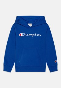 Felpa con cappuccio blu realizzata in morbido tessuto. Presenta una tasca frontale e il logo "Champion" in bianco con accentuazioni rosse e bianche. Vestibilità classica.