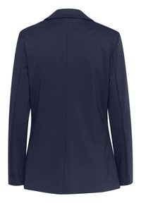 Blazer bleu marine cintré avec manches longues et col, vu de dos, présentant des lignes épurées et une couture centrale.