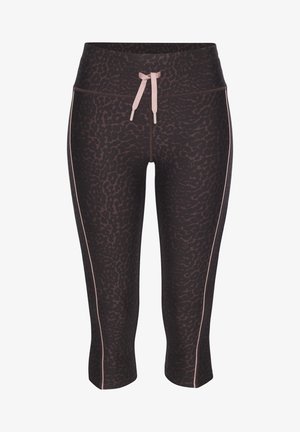 Dreiviertellange Leggings in Dunkelbraun mit Leopardenmuster, ausgestattet mit einem pinken Kordelzug und seitlichen Akzenten in Pink.