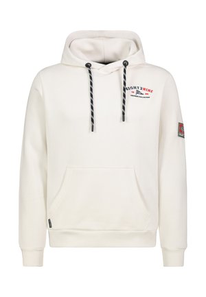 Cream-colored hoodie with black and white drawstrings, front pocket, small red and black text on chest, and a patch on left sleeve.