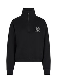 Čierna mikina na zips vyrobená z mäkkého materiálu. Disponuje vysokým golierom, rebrovanými manžetami a bielym logom s vavrínovým dizajnom na hrudi.