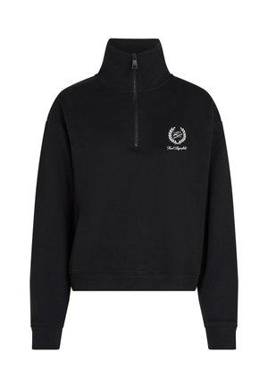 Crna zip majica od mekog materijala. Ima visok ovratnik, rebraste manžete i bijeli logo s laurel dizajnom na prsima.