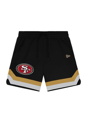 Black athletic shorts with a mesh texture, featuring a red and white logo, gold and white accents, and a drawstring waistband.