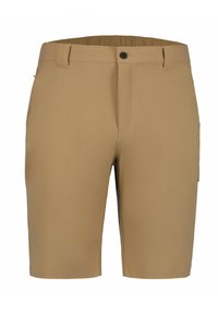 Beige Shorts mit flachem Bund, Knopfverschluss und Taschen. Glattes Material mit geradem Bein-Design. Ideal für die Freizeit.