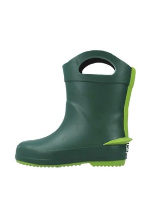 Botte de pluie en caoutchouc verte taille enfant avec poignées intégrées et semelle ainsi que languette de tirage au talon de couleur vert néon.