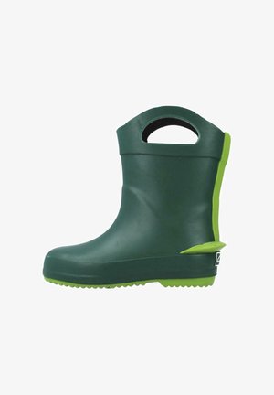 Botte de pluie en caoutchouc verte taille enfant avec poignées intégrées et semelle ainsi que languette de tirage au talon de couleur vert néon.