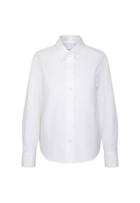Camicia bianca a maniche lunghe con colletto e polsini a punta, esposta su uno sfondo bianco semplice.