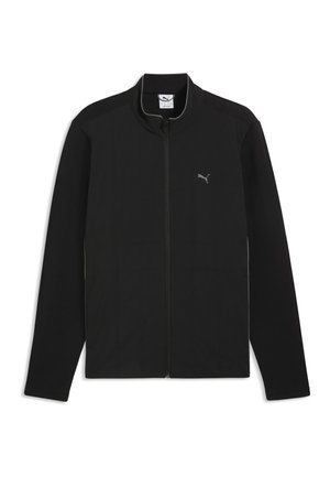 Veste noire à fermeture éclair intégrale, manches longues, col montant et petit logo Puma sur le côté gauche de la poitrine.