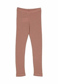 Pink leggings made of soft, stretchy fabric. They have a tapered fit with a smooth waistband and finished hems. No patterns or embellishments.