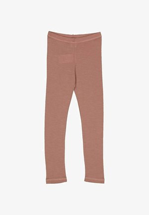 Pink leggings made of soft, stretchy fabric. They have a tapered fit with a smooth waistband and finished hems. No patterns or embellishments.