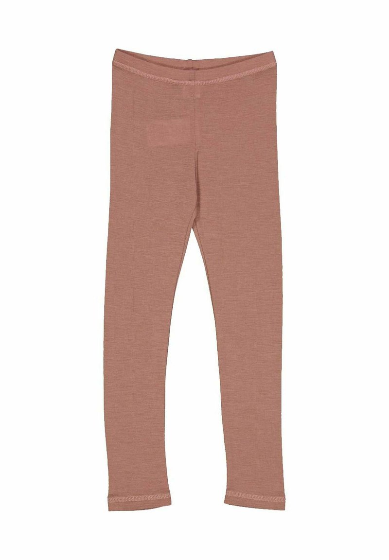 Pink leggings made of soft, stretchy fabric. They have a tapered fit with a smooth waistband and finished hems. No patterns or embellishments.