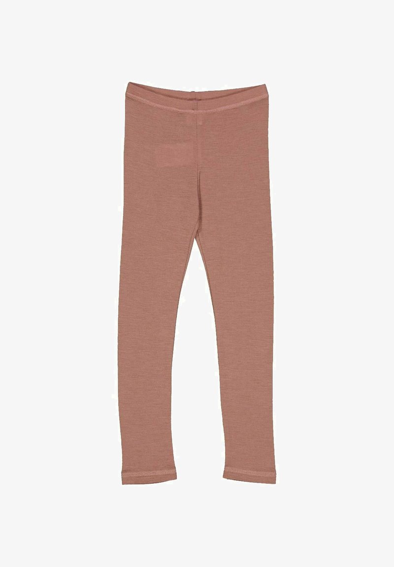 Pink leggings made of soft, stretchy fabric. They have a tapered fit with a smooth waistband and finished hems. No patterns or embellishments.