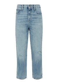 Jean en denim bleu clair, cropped, avec une coupe droite, des genoux déchirés, des coutures visibles et une fermeture classique à bouton et à glissière.