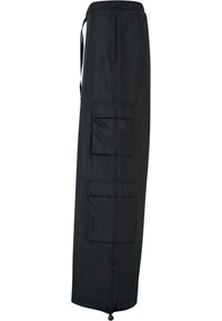 Pantalon cargo noir avec taille élastique, deux grandes poches à rabat sur les côtés et cordon ajustable à l'ourlet.