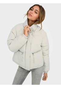 Chaqueta acolchada gris claro con cuello alto, cierre frontal con cremallera y dos bolsillos con cremallera. Cuenta con puños elásticos y dobladillo corto.