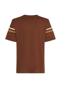 Brown short-sleeve T-shirt with a round neck and horizontal stripes in white, orange, and rust on each sleeve. Cotton fabric, smooth texture.
