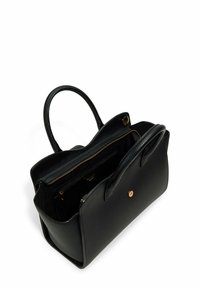 Black leather handbag with textured exterior, gold hardware, a top zipper, and double handles; interior features compartments for organization.