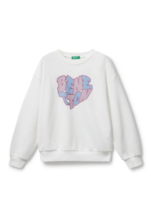 Felpa bianca con polsini e orlo a costine, caratterizzata da una scritta grafica "BENETTON" in rosa e blu, al centro davanti. Materiale in cotone morbido.