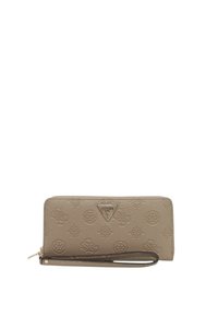 Portafoglio beige testurizzato con chiusura a zip, caratterizzato da motivi floreali in rilievo e un accento con logo a triangolo. Include un cinturino per il polso staccabile.