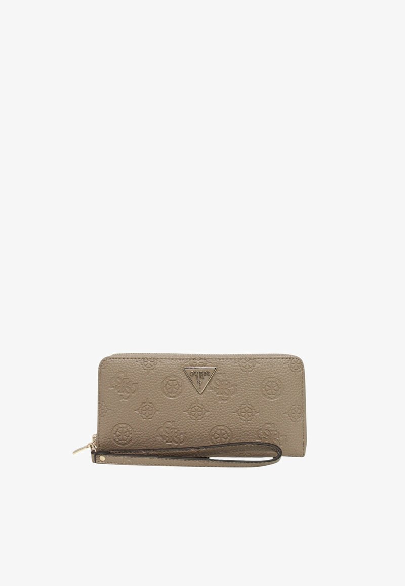 Portafoglio beige testurizzato con chiusura a zip, caratterizzato da motivi floreali in rilievo e un accento con logo a triangolo. Include un cinturino per il polso staccabile.