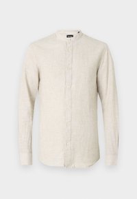 Beige long-sleeve shirt made of lightweight linen, featuring a band collar, front button closure, and subtle texture.
